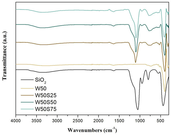 Infrared transmission spectra obtained for the synthesized oxides.