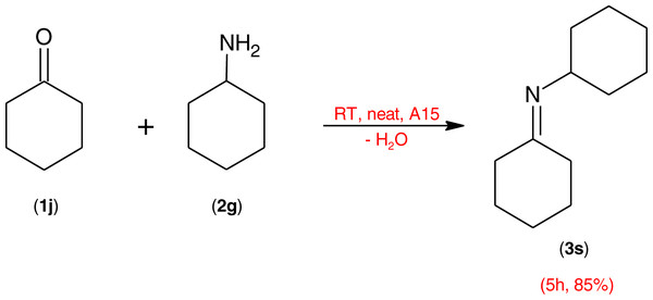 Condensation of cyclohexanamine (2g) with cyclohexanone (1i) in the presence of Amberlyst® 15 catalyst at room temperature using an amine excess of 0.1 equivalent.