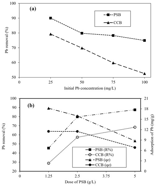 (A) Effect of initial concentration of Pb (25–100 mg/L) on its removal (%) at equilibrium, pH-6, dose 0.5 g/L and room temperature; (B) impact of PSB and CCB dose on Pb removal at equilibrium, Ci = 50 mg/L, pH-6.