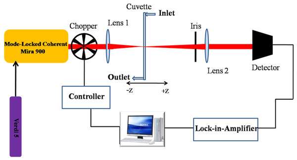 Schematic of experimental z-scan setup showing inlet and outlet for flowing liquids.