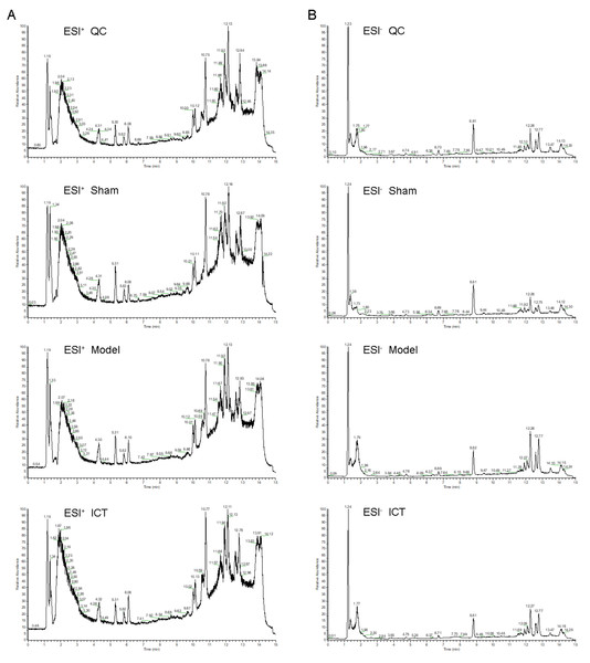 The typical base peak chromatograms of QC, Sham, Model and ICT samples in the positive mode (A) and the negative mode (B), respectively.