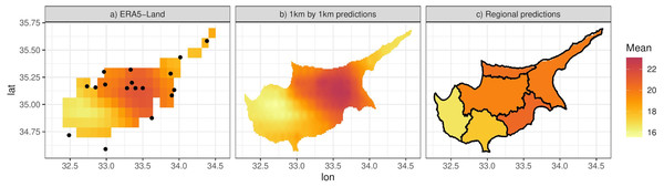 (A) ERA-Land Tmax values for the 11th of April 2013. (B) Model predictions for the same day at 0.01° ×0.01° resolution. (C) Approximation of the integral of the predictions in (B) on the six districts of Cyprus.