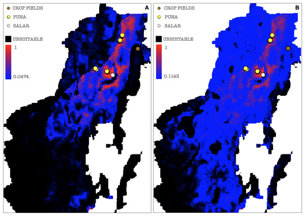 Binarized environmental suitability maps generated using a subset of points of presence that exclude Chaupi Rodeo points.