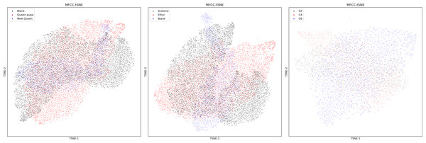 MFCC features of three datasets after t-SNE dimensionality reduction.