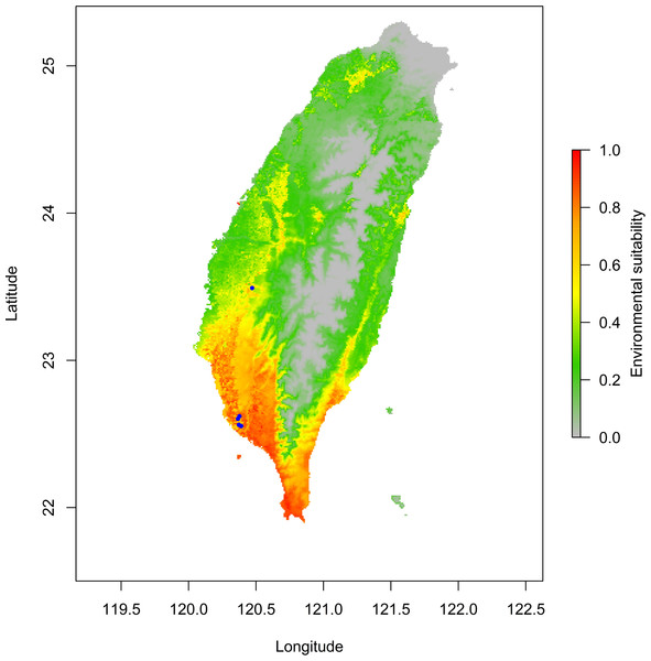 Potential distribution range of Odontomachus troglodytes in Taiwan.