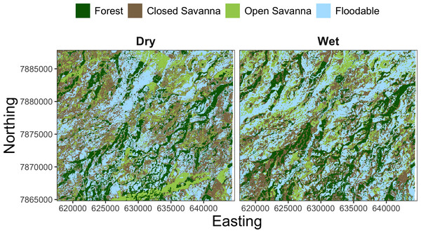 Landscape mosaic of land use/land cover (LU/LC) for the dry (April–September) and wet (October–March) seasons of the study region in the Brazilian Pantanal.