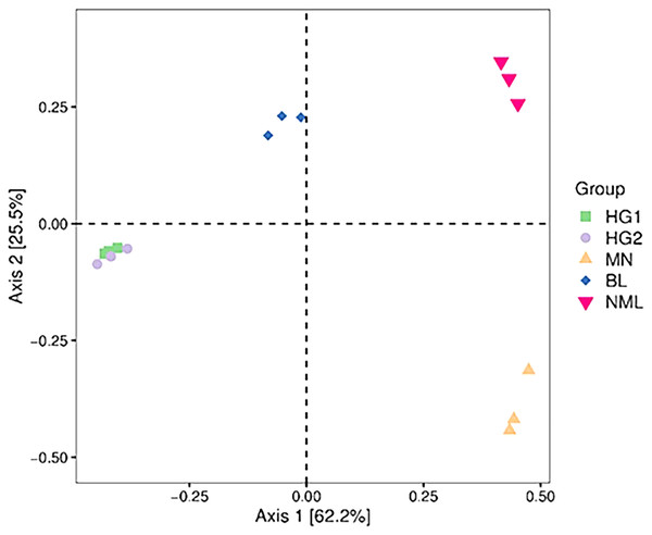 Two-dimensional sorting plot of samples for PCoA analysis.