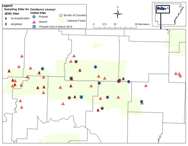 Map of sites sampled for fine-scale habitat modeling and eDNA.