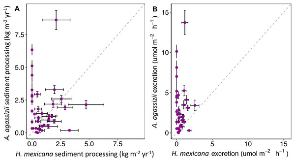 Estimates of (A) annual sediment processing rate (kg m−2yr−1) and (B) hourly ammonium excretion rate (mol NH
                        
                        ${}_{4}^{+}$
                        
                           
                              
                              
                                 4
                              
                              
                                 +
                              
                           
                        
                      m−2 h−1) of H. mexicana and A. agassizii populations across 35 pat.
