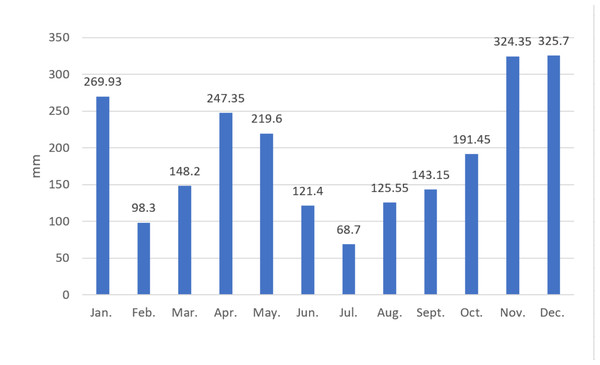 Average monthly rainfall in the Krueng Jrue sub-watershed (2008–2017).