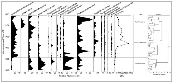 Relative abundance of common diatom taxa within Crawford Lake by varve-inferred year (CE).