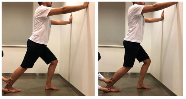 The gastrocnemius (illustrated in the photo on the left) and soleus (illustrated in the photo on the right) extensibility testing.