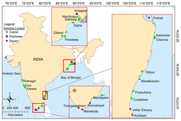 Map depicting the sample collection locations along the Indian coast.