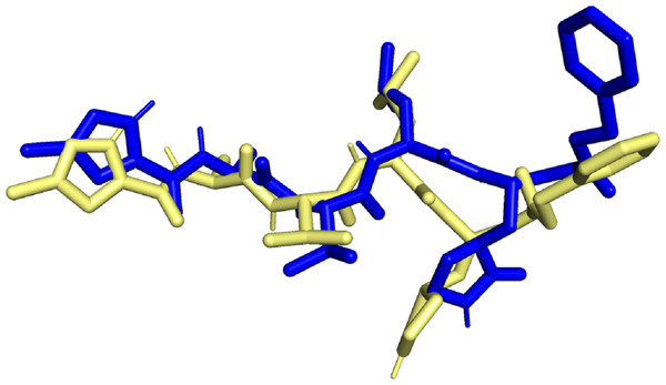 Superimposed native ligand (Blue) over its experimental pose (Yellow).