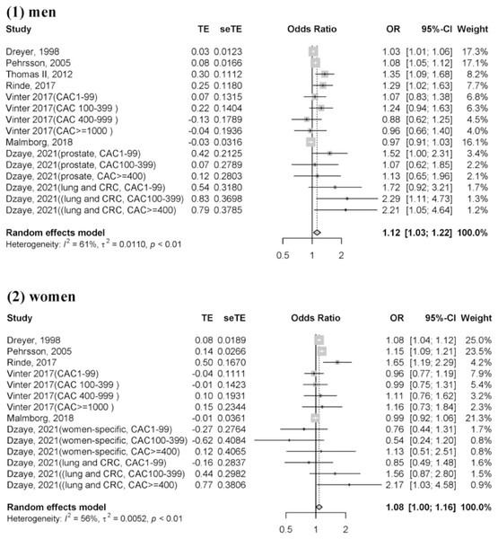 Forest plot of incident cancer risk, comparing participants with CAD as those without CAD by individual gender.