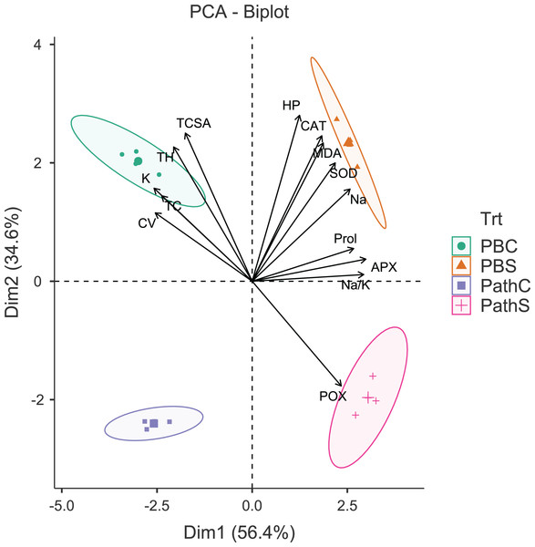 Principal component analysis biplot showing variable loadings and cultivar-treatment groups on first two principal components in pear.