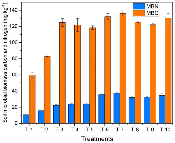 Effect of various organic and inorganic amendments on soil microbial biomass nitrogen and carbon (MBN and MBC) in soil.