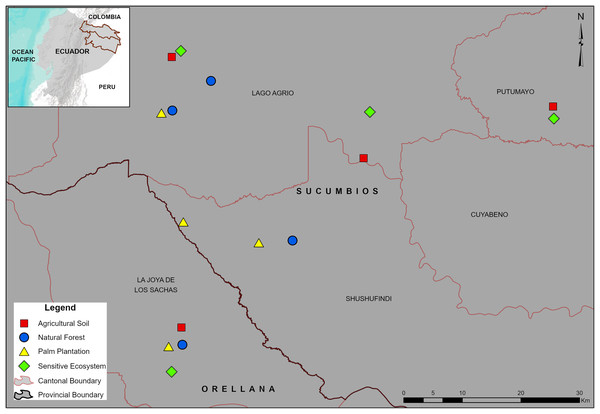 Location of the sampling sites in the Sucumbíos and Orellana provinces.