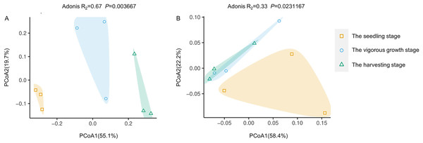 Principal coordinate analysis (PcoA) of rhizosphere microbial communities at different development stages of G. littoralis.