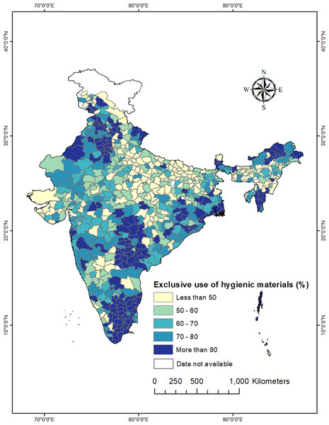 District-wise distribution of exclusive use of hygienic materials during menstruation among urban women (15–24 years) in India, NFHS-5, 2019-21.