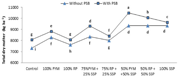 Interactive effect of PSB and P sources on dry matter (kg ha−1) of maize.