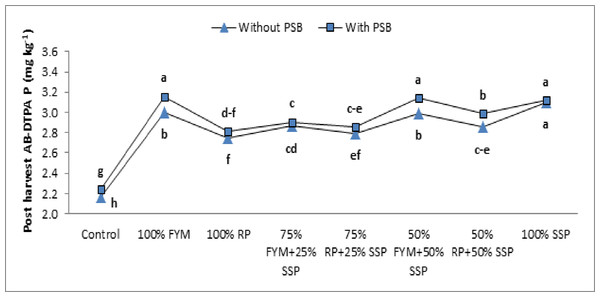 Interactive effect of PSB and P sources on post-harvest soil AB-DTPA extractable P (mg kg−1).