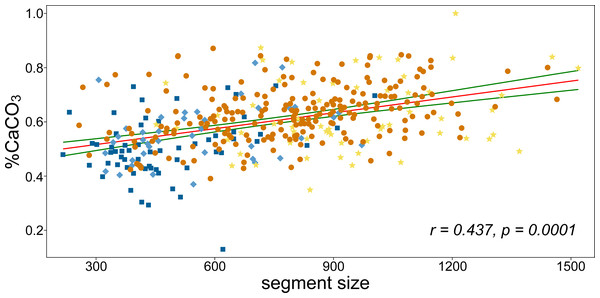 The linear correlation analysis of CaCO3 content and segment size.