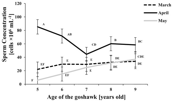 Effect of goshawk age (A, in years) and reproductive season month (M) on sperm concentrations (LSmean ± Standard Error Estimates of the LSmeans (SEE)).