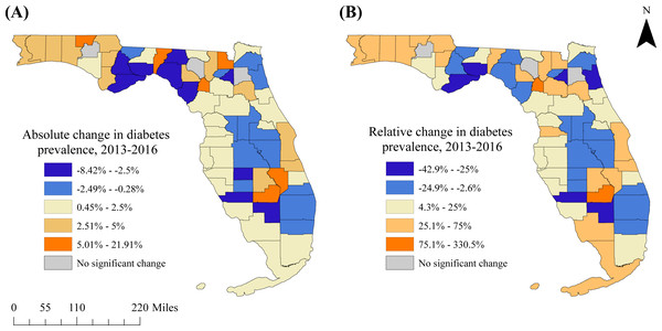 Statistically significant changes in diabetes prevalence in Florida between (A) 2013 and (B) 2016.