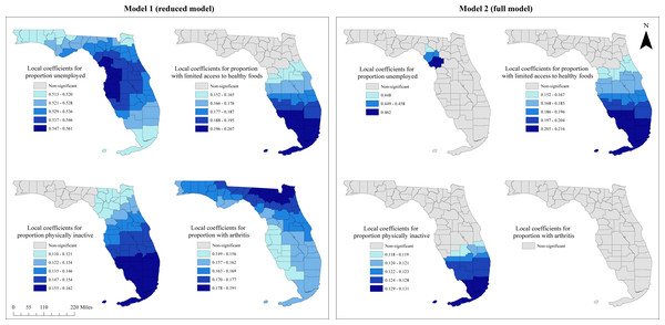 Local coefficients of geographically variable predictors of diabetes prevalence in Florida, 2016.
