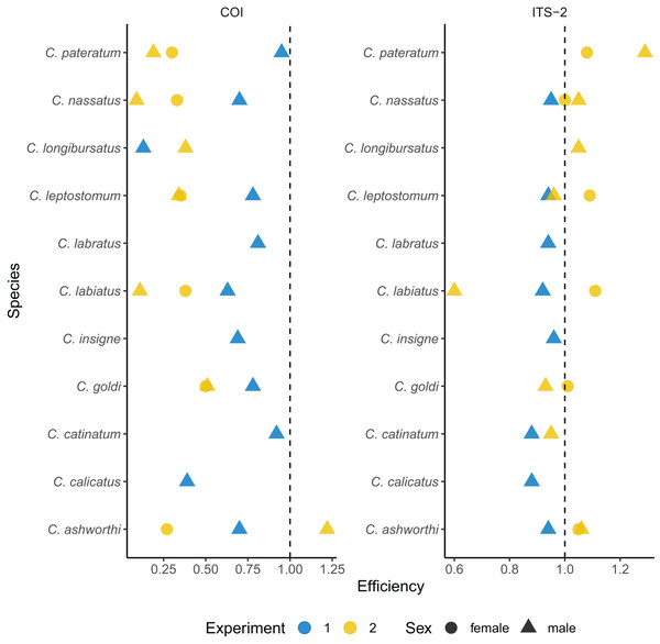 Species-specific amplification efficiencies of the COI and ITS-2 barcodes for 11 cyathostomin species.