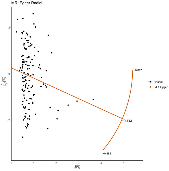 Radial plots of the MR-Egger test analyzed the outlier SNPs.