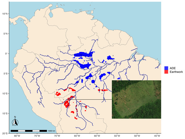 Hotspots of high probability (>0.8) of undiscovered earthworks (1-4) and Amazonian Dark Earth (ADE) sites (5-8).