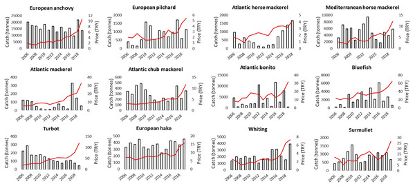Annual changes in landed catch (bars) and unit market real prices (red lines) for the main commercial fish species between 2006 and 2019 in Istanbul Fish Market.