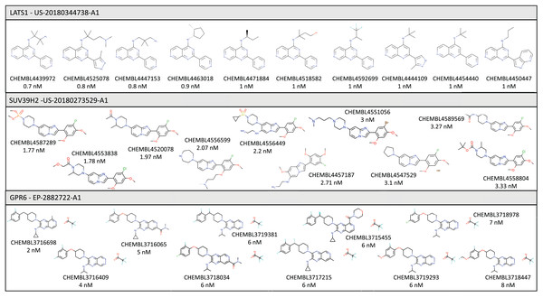 Illustrative examples of bioactive compounds identified from SureChEMBL patent workflow against three targets.