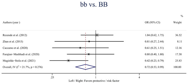 Forest plot for pooled odds ratio (OR) and the corresponding 95% confidence interval (CI) of the association between the BsmI polymorphism and hypertensive disorders of pregnancy (HDP) in the homozygote model (bb vs. BB).