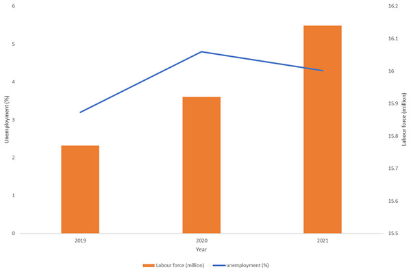 The unemployment percentage and labor force in Malaysia during COVID-19 crisis, 2019 to 2021.