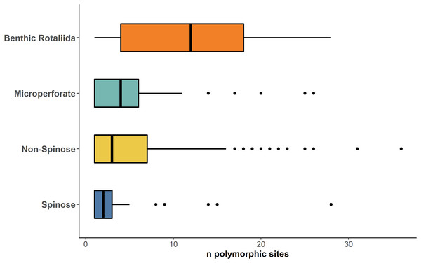Number of polymorphic sites in benthic and planktonic taxa.