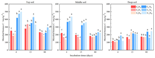 Soil microbial biomass C(MBC) at 4th, 13th, and 80th days after the start of the incubation in the top soil, middle soil, and deep soil.