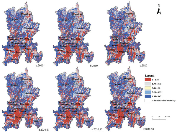 (A–F) Spatial distribution of carbon storage in Kunming from 2000 to 2030.