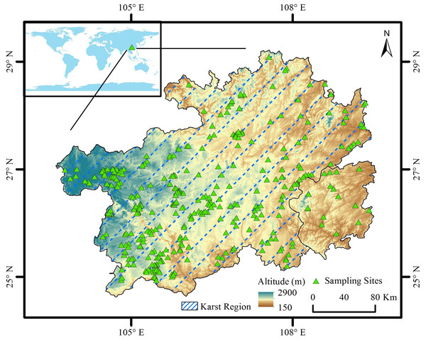 Distribution of sampling sites in Guizhou Province, Southwest China. The boundary of karst region in Guizhou Province was derived from Wang et al. (2019) and Ford & Williams (2007).