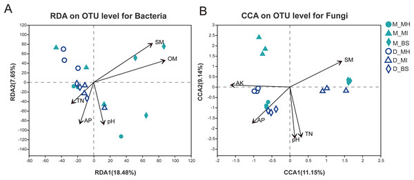 Redundancy analysis (RDA) for bacterial communities (A), Correspondence analysis (CCA) for fungal communities (B), and their interaction with soil properties.