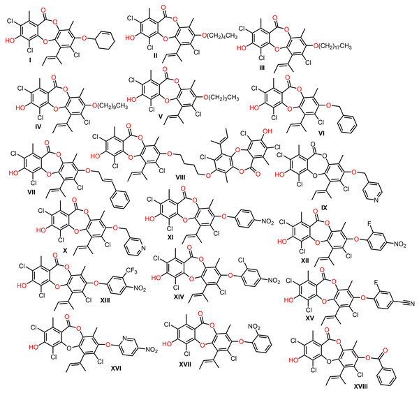 Semisynthetic derivatives of nornidulin (I–XVIII).