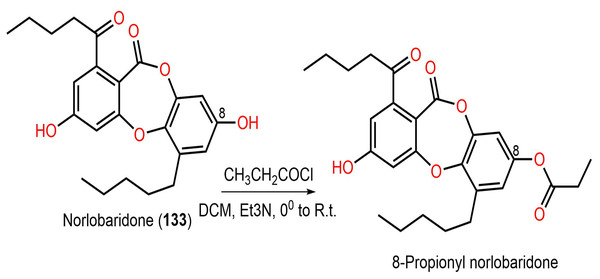 Semi-synthesis of norlobaridone (133) derivative (Pavan Kumar et al., 2020).