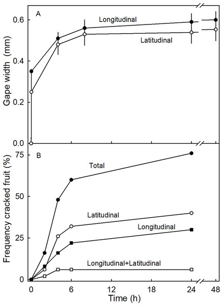 Time courses of strain release and crack formation in strawberry fruit.