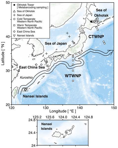 Sampling map of the stations in six sea areas surrounding Japan.