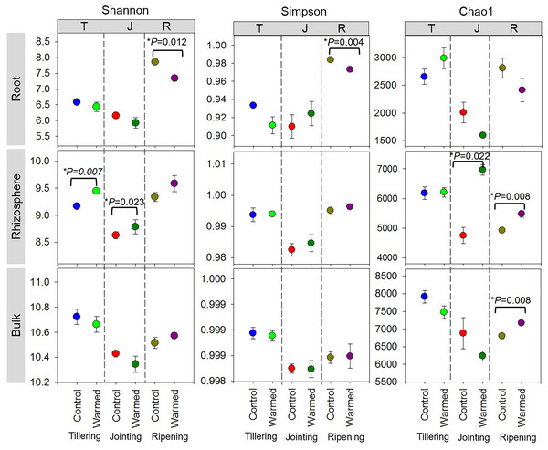 Alpha diversity assessed by diversity (Shannon, Simpson) and richness (Chao1) in root, rhizosphere and bulk soil (based on ASV of the 16S rRNA gene) from the control and warmed treatments at three different wheat developmental stages.