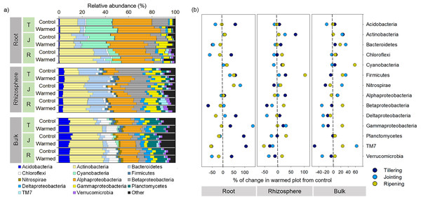 Distribution of root, rhizosphere and bulk soil bacterial community compositions from the control and warmed treatments (A) and percent (%) of change in the warmed plot from the control at different plant growth stages (B).