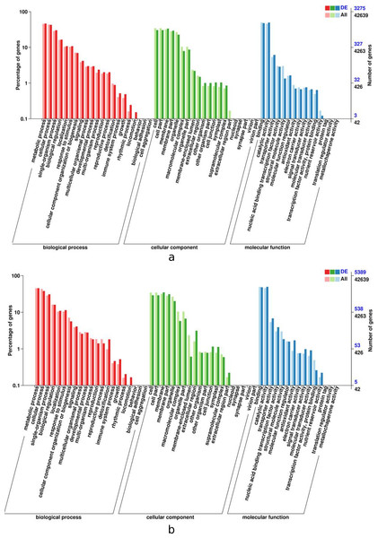 GO functional enrichment of control and treatment DEGs in I. bungeana, leaf (A) and root (B).