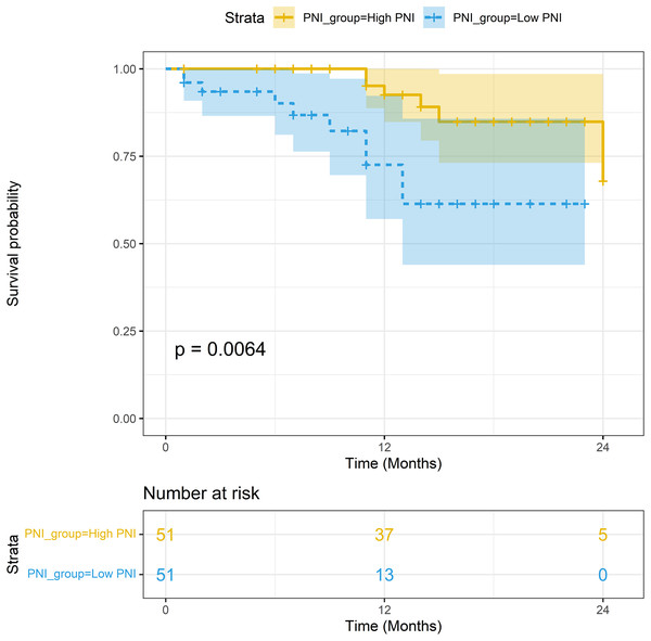 Survival analysis between the high-PNI group and low-PNI group in PSM population.